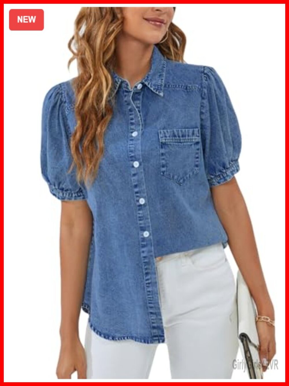 Denim Button Down Blouse Puff Sleeve Business Casual Work Top